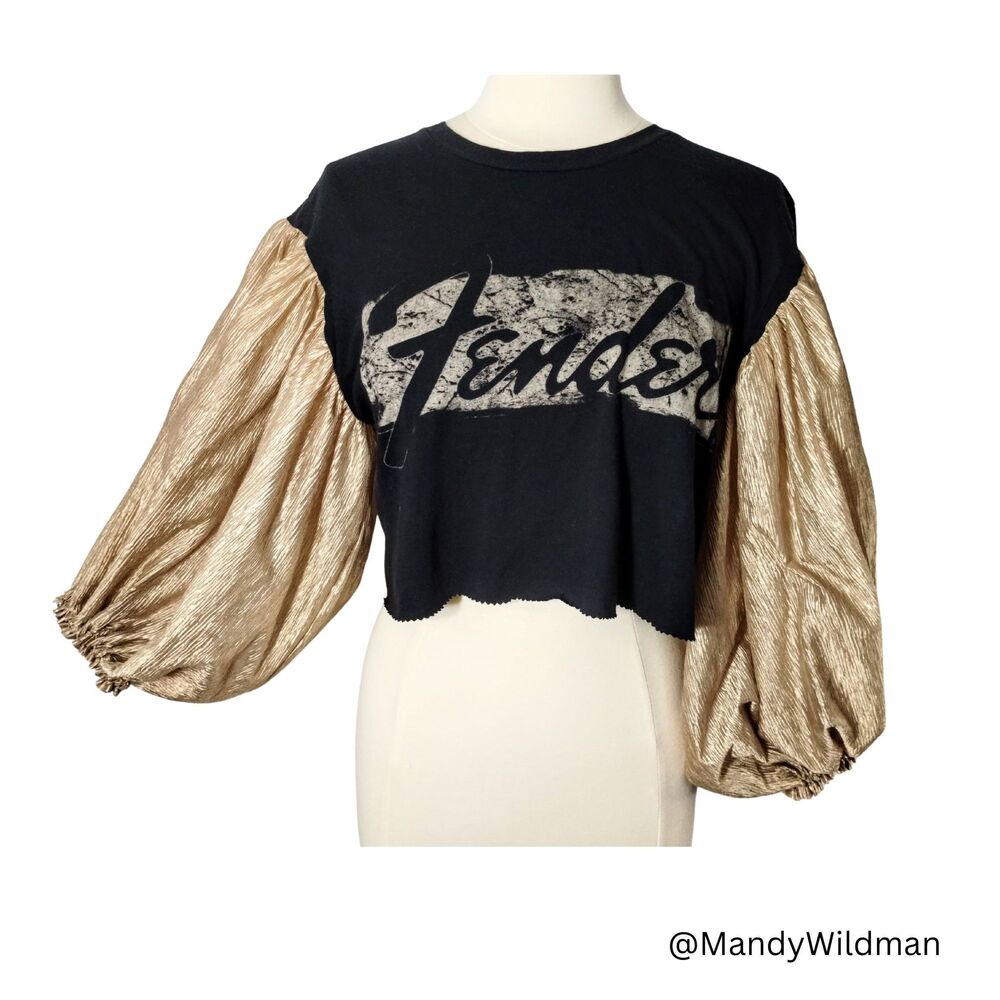 Upcycled Womens Fender Crop Top Balloon Sleeves. Black and gold. Size M-L.